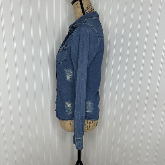 Miley Cyrus Max Azria Denim Top Sz S Snap Front Distressed Country Cowgirl - Picture 3 of 11